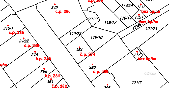 Košťany 274 na parcele st. 354 v KÚ Košťany, Katastrální mapa