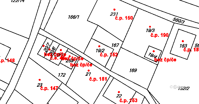 Prácheň 152, Kamenický Šenov na parcele st. 19/2 v KÚ Prácheň, Katastrální mapa