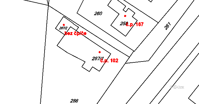 Hrachovec 102, Valašské Meziříčí na parcele st. 287/1 v KÚ Hrachovec, Katastrální mapa