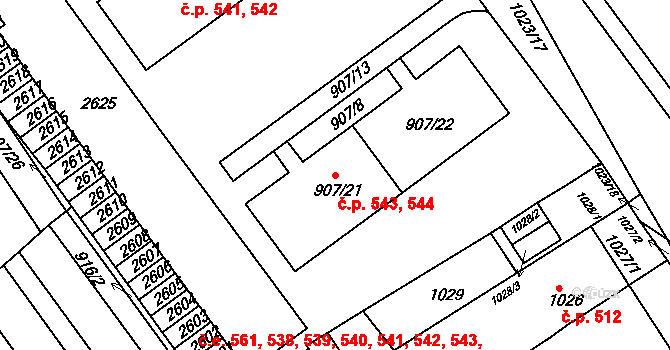 Obřany 543,544, Brno na parcele st. 907/21 v KÚ Obřany, Katastrální mapa