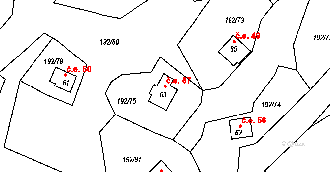 Mradice 57, Postoloprty na parcele st. 63 v KÚ Mradice, Katastrální mapa