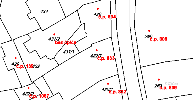 Pelhřimov 833 na parcele st. 422/1 v KÚ Pelhřimov, Katastrální mapa