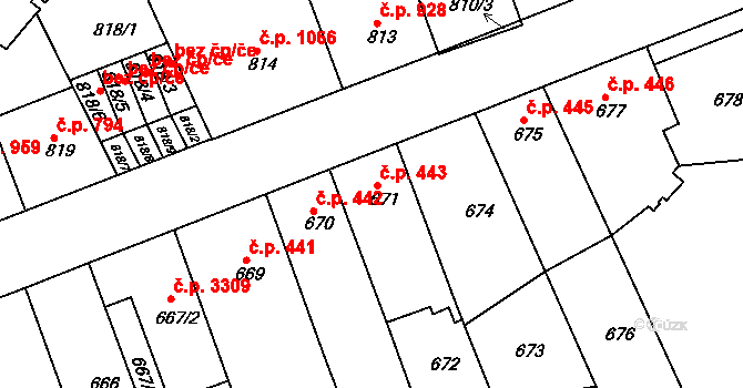Teplice 443 na parcele st. 671 v KÚ Teplice, Katastrální mapa