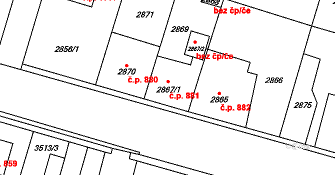 Újezd nad Lesy 881, Praha 5 na parcele st. 2867/1 v KÚ Újezd nad Lesy, Katastrální mapa