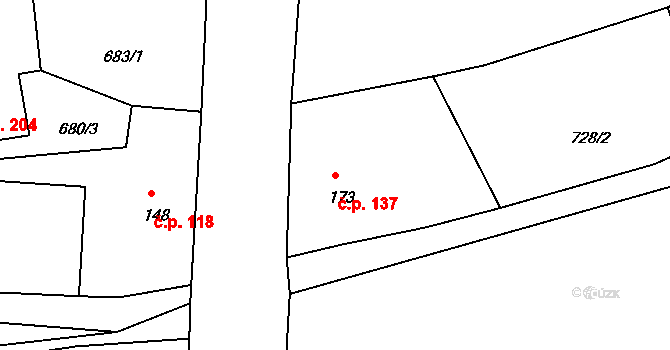 Liberec XXXI-Krásná Studánka 137, Liberec na parcele st. 173 v KÚ Krásná Studánka, Katastrální mapa