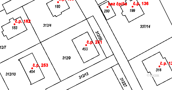 Čakovičky 251 na parcele st. 403 v KÚ Čakovičky, Katastrální mapa