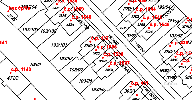 Sezimovo Ústí 1535 na parcele st. 386/2 v KÚ Sezimovo Ústí, Katastrální mapa