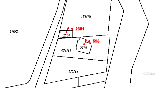 Sezimovo Ústí 598 na parcele st. 2765 v KÚ Sezimovo Ústí, Katastrální mapa
