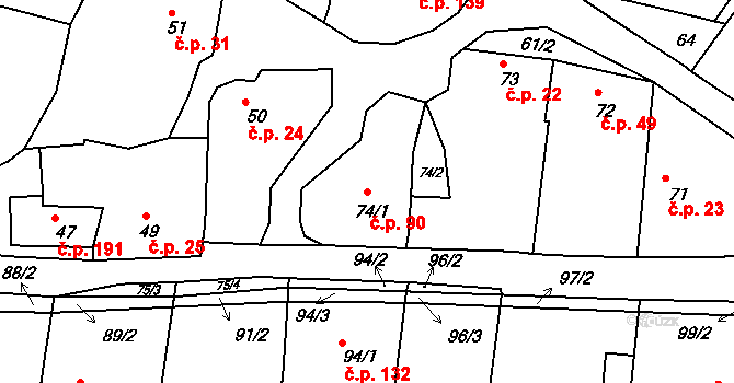 Lípa 90 na parcele st. 74/1 v KÚ Lípa nad Dřevnicí, Katastrální mapa