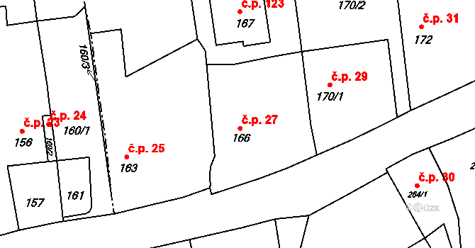 Těškovice 27 na parcele st. 166 v KÚ Těškovice, Katastrální mapa
