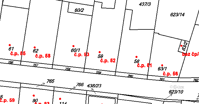 Braňany 52 na parcele st. 59 v KÚ Braňany, Katastrální mapa