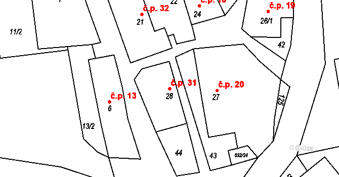 Bor u Chroustovic 31, Rosice na parcele st. 28 v KÚ Bor u Chroustovic, Katastrální mapa