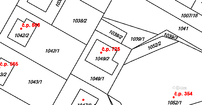 Kamenice nad Lipou 725 na parcele st. 1049/2 v KÚ Kamenice nad Lipou, Katastrální mapa