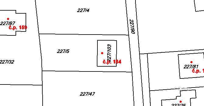 Trubín 184 na parcele st. 227/103 v KÚ Trubín, Katastrální mapa