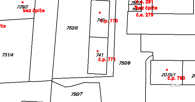 Podbořany 771 na parcele st. 741 v KÚ Podbořany, Katastrální mapa