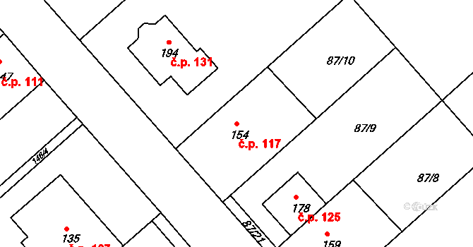Šelešovice 117 na parcele st. 154 v KÚ Šelešovice, Katastrální mapa