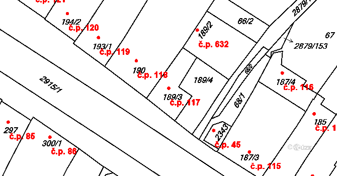 Bystřice pod Hostýnem 117 na parcele st. 189/3 v KÚ Bystřice pod Hostýnem, Katastrální mapa