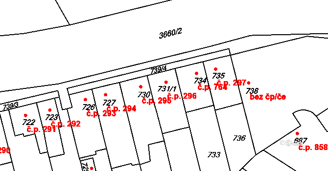 Holešov 296 na parcele st. 731/1 v KÚ Holešov, Katastrální mapa