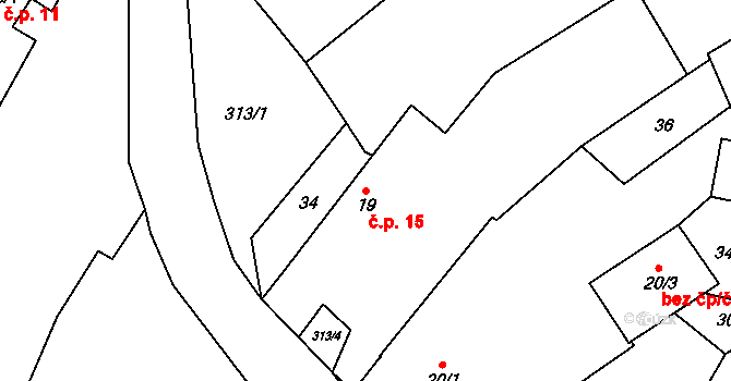 Jiřice u Moravských Budějovic 15 na parcele st. 19 v KÚ Jiřice u Moravských Budějovic, Katastrální mapa