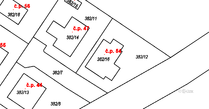 Hořany 54, Miskovice na parcele st. 382/16 v KÚ Hořany u Kutné Hory, Katastrální mapa