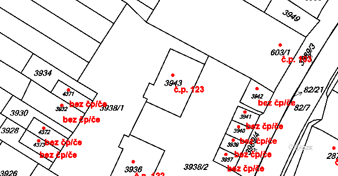 Těšetice 123 na parcele st. 3943 v KÚ Těšetice u Znojma, Katastrální mapa