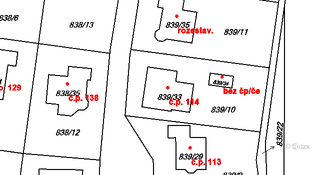 Šindlovy Dvory 114, Litvínovice na parcele st. 839/33 v KÚ Litvínovice, Katastrální mapa