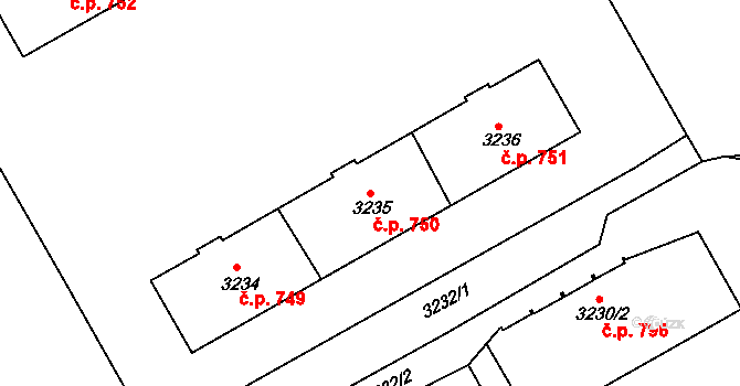 Lyžbice 750, Třinec na parcele st. 3235 v KÚ Lyžbice, Katastrální mapa