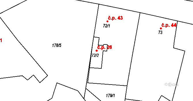 Tvoršovice 26, Bystřice na parcele st. 72/2 v KÚ Tvoršovice, Katastrální mapa