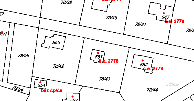 Těptín 2778, Kamenice na parcele st. 551 v KÚ Těptín, Katastrální mapa