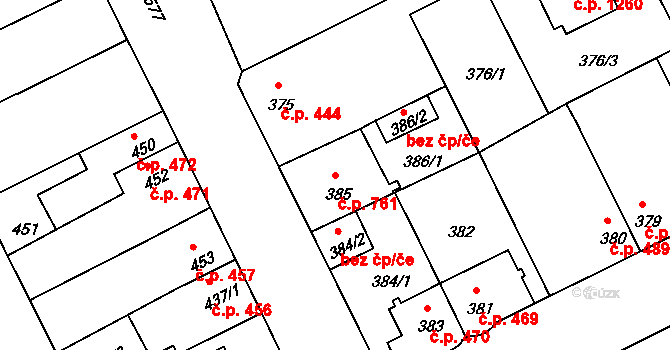 Stará Boleslav 761, Brandýs nad Labem-Stará Boleslav na parcele st. 385 v KÚ Stará Boleslav, Katastrální mapa