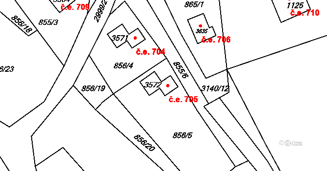 Ostravice 705 na parcele st. 3572 v KÚ Staré Hamry 2, Katastrální mapa