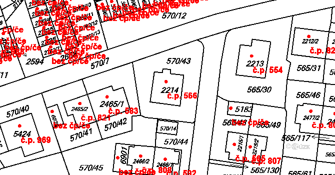 Borovina 566, Třebíč na parcele st. 2214 v KÚ Třebíč, Katastrální mapa
