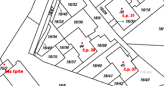 Střížov 38, Cheb na parcele st. 44 v KÚ Střížov u Chebu, Katastrální mapa