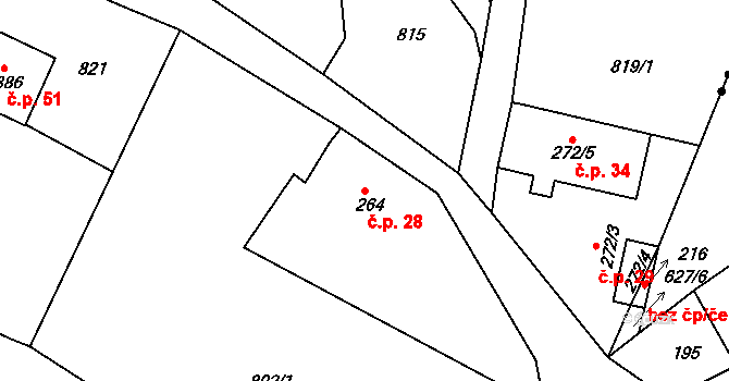 Kamenice 28, Dobšín na parcele st. 264 v KÚ Dobšín, Katastrální mapa