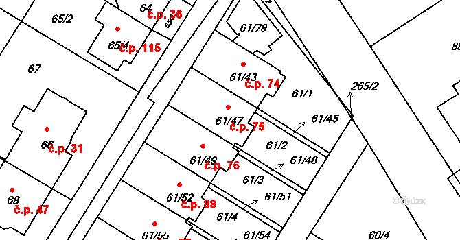 Sobín 75, Praha na parcele st. 61/47 v KÚ Sobín, Katastrální mapa