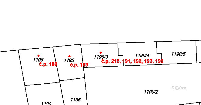 Břevnov 191,192,193,195,215, Praha na parcele st. 1190/6 v KÚ Břevnov, Katastrální mapa