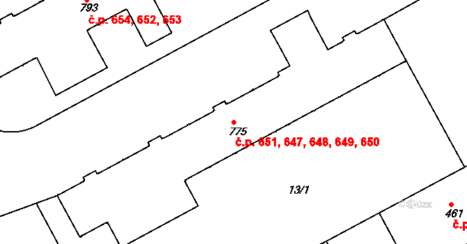 Slezské Předměstí 647,648,649,650,651, Hradec Králové na parcele st. 775 v KÚ Slezské Předměstí, Katastrální mapa