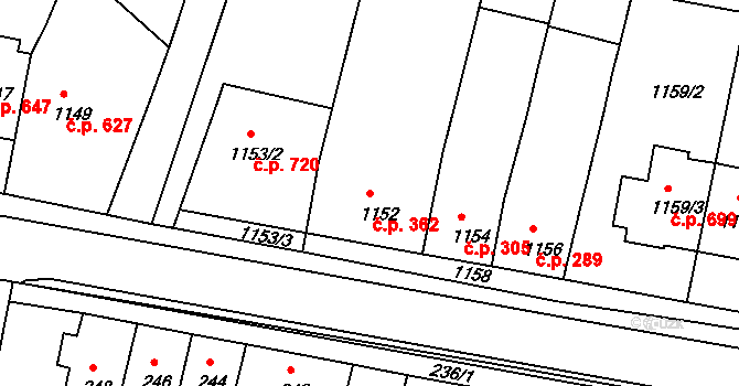 Střelice 362 na parcele st. 1152 v KÚ Střelice u Brna, Katastrální mapa