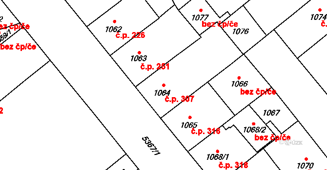 Východní Předměstí 307, Plzeň na parcele st. 1064 v KÚ Plzeň, Katastrální mapa
