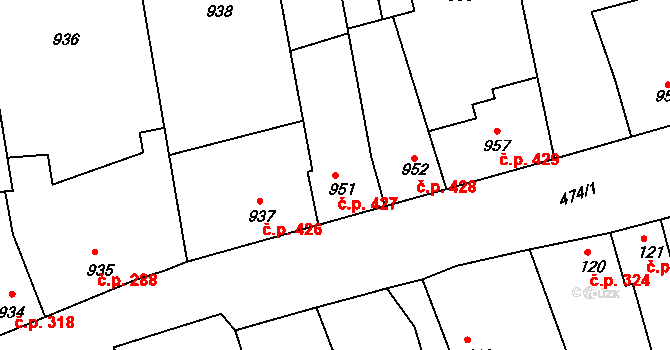 Týnec nad Labem 427 na parcele st. 951 v KÚ Týnec nad Labem, Katastrální mapa