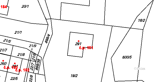 Tuněchody 191 na parcele st. 291 v KÚ Tuněchody, Katastrální mapa