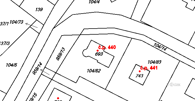 Předměřice nad Labem 440 na parcele st. 693 v KÚ Předměřice nad Labem, Katastrální mapa
