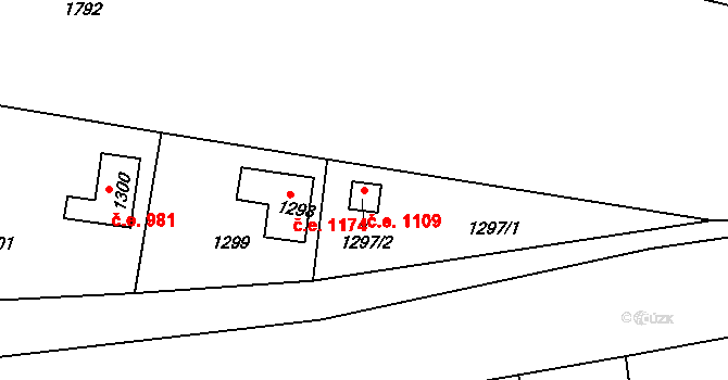 Mostkovice 1109 na parcele st. 1297/2 v KÚ Stichovice, Katastrální mapa