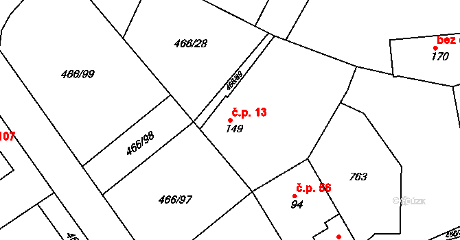 Prachovice 13 na parcele st. 149 v KÚ Prachovice, Katastrální mapa