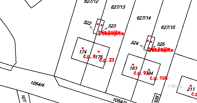 Kočí 23 na parcele st. 175 v KÚ Kočí, Katastrální mapa