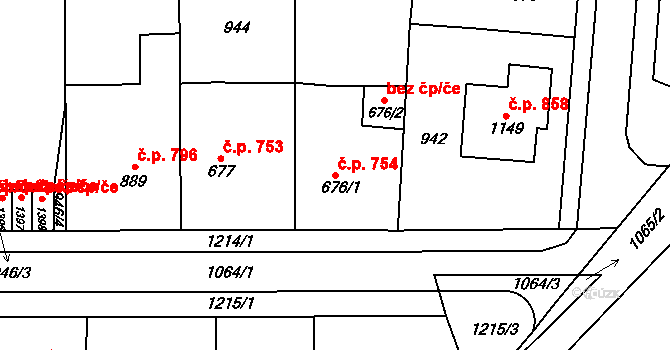 Svítkov 754, Pardubice na parcele st. 676/1 v KÚ Svítkov, Katastrální mapa