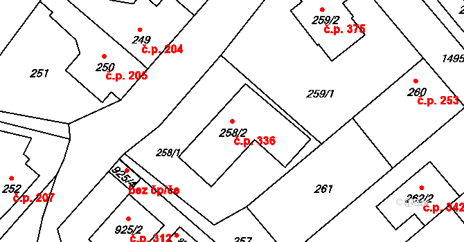 Olomučany 336 na parcele st. 258/2 v KÚ Olomučany, Katastrální mapa