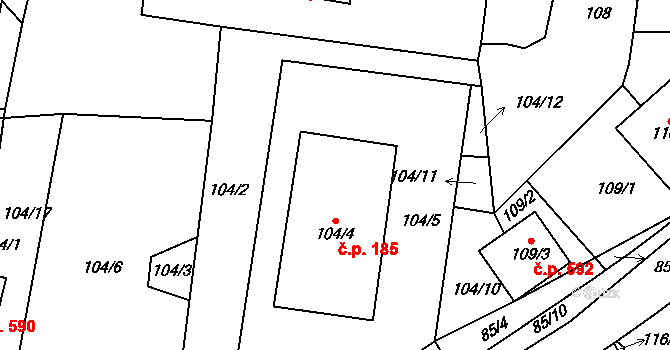 Zruč 185, Zruč-Senec na parcele st. 104/4 v KÚ Zruč, Katastrální mapa