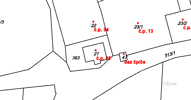 Miskolezy 35, Chvalkovice na parcele st. 21 v KÚ Miskolezy, Katastrální mapa