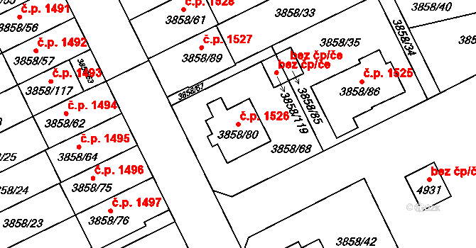 Chotěboř 1526 na parcele st. 3858/80 v KÚ Chotěboř, Katastrální mapa